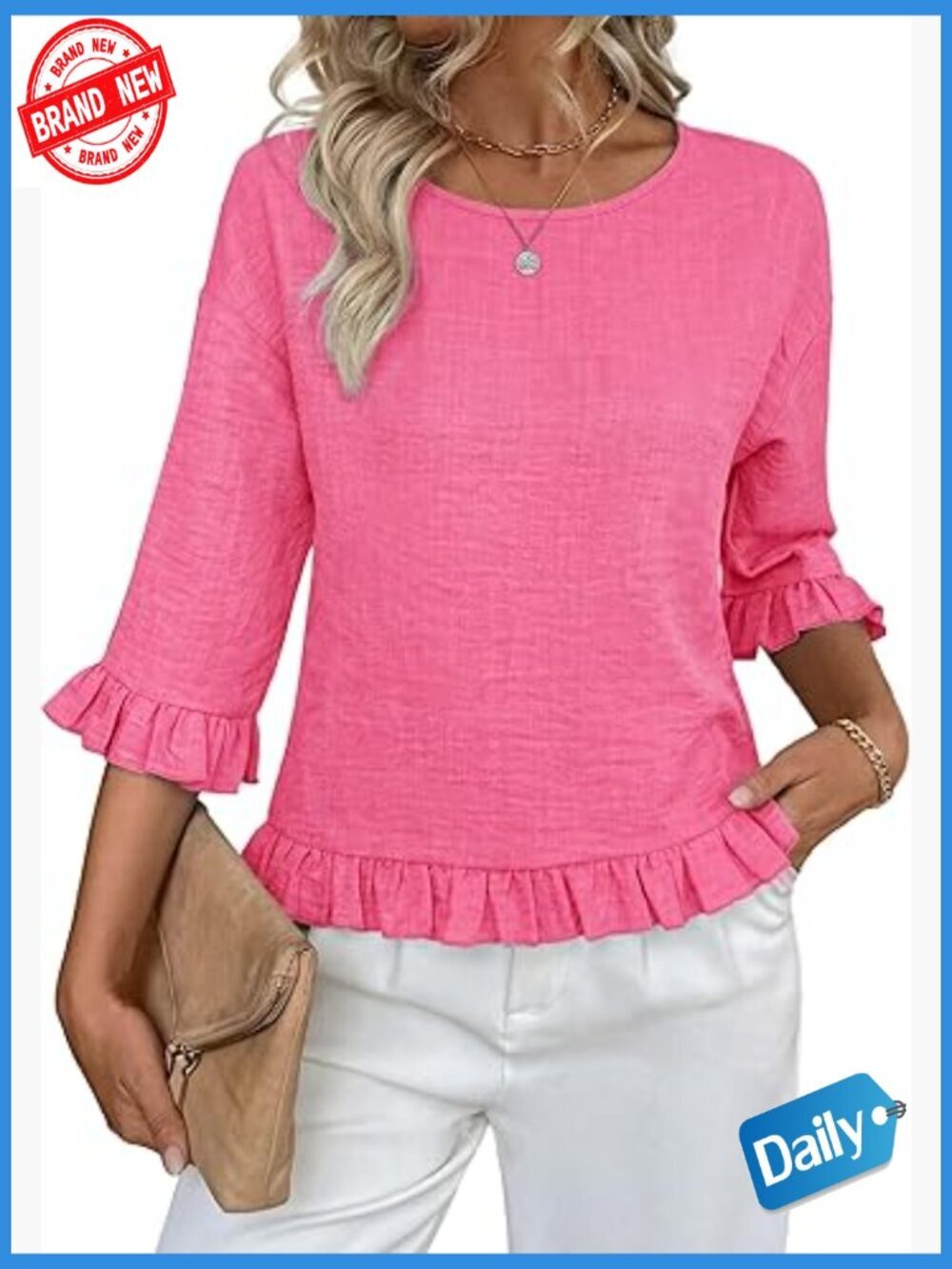 3/4 Sleeve Ruffle Blouse Flowy Crew Neck Tunic Tops for Work Casual